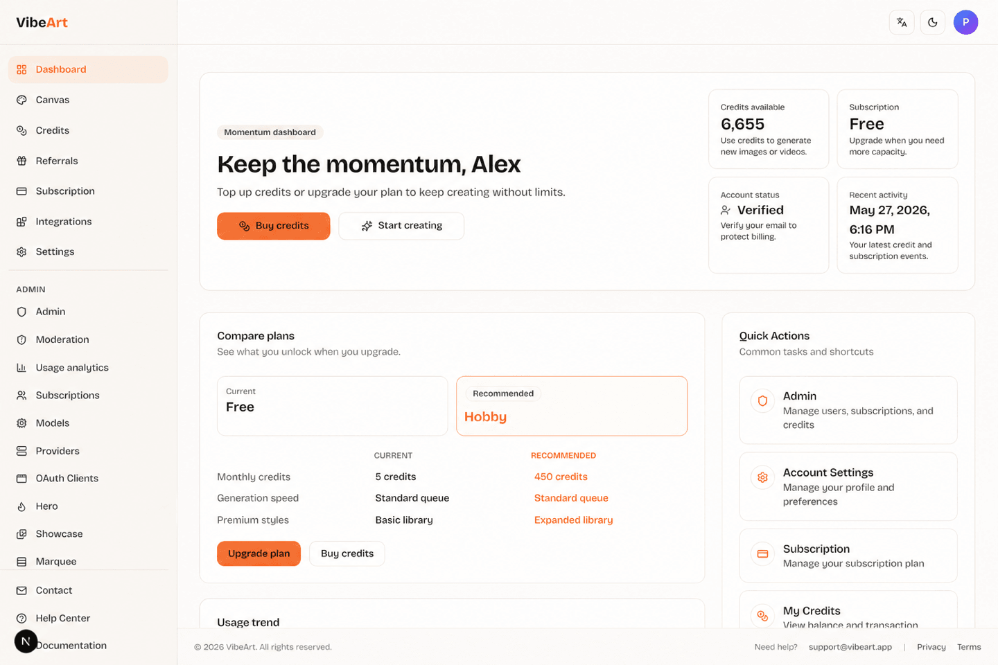 Example SaaS dashboard